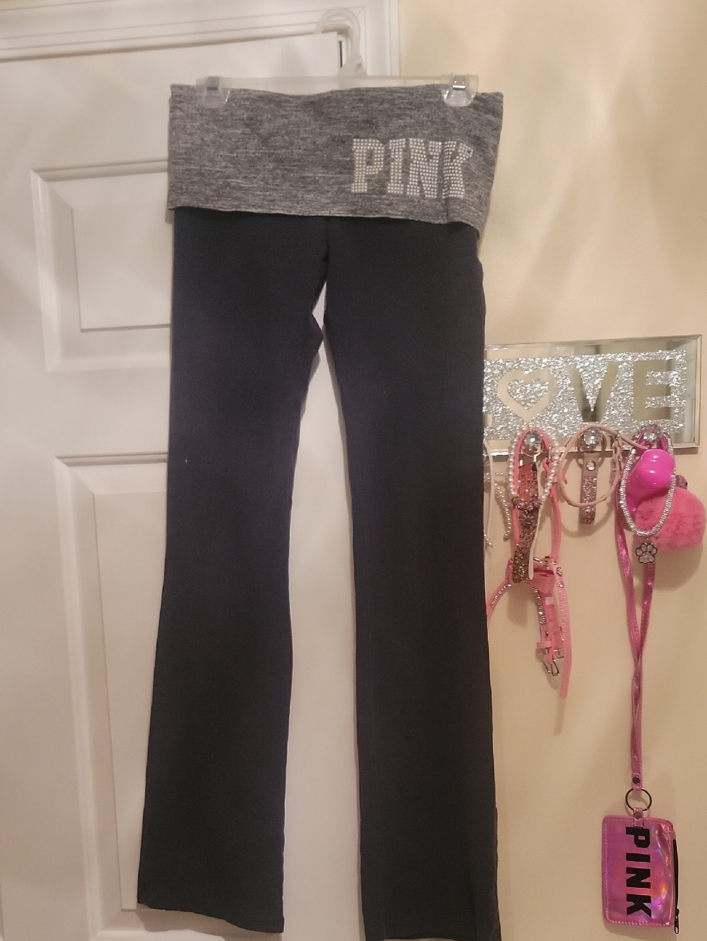 Pink Victorias Secret Yoga Pants. Pearl Like Gems On A Gray Fold Over Waist. SM.